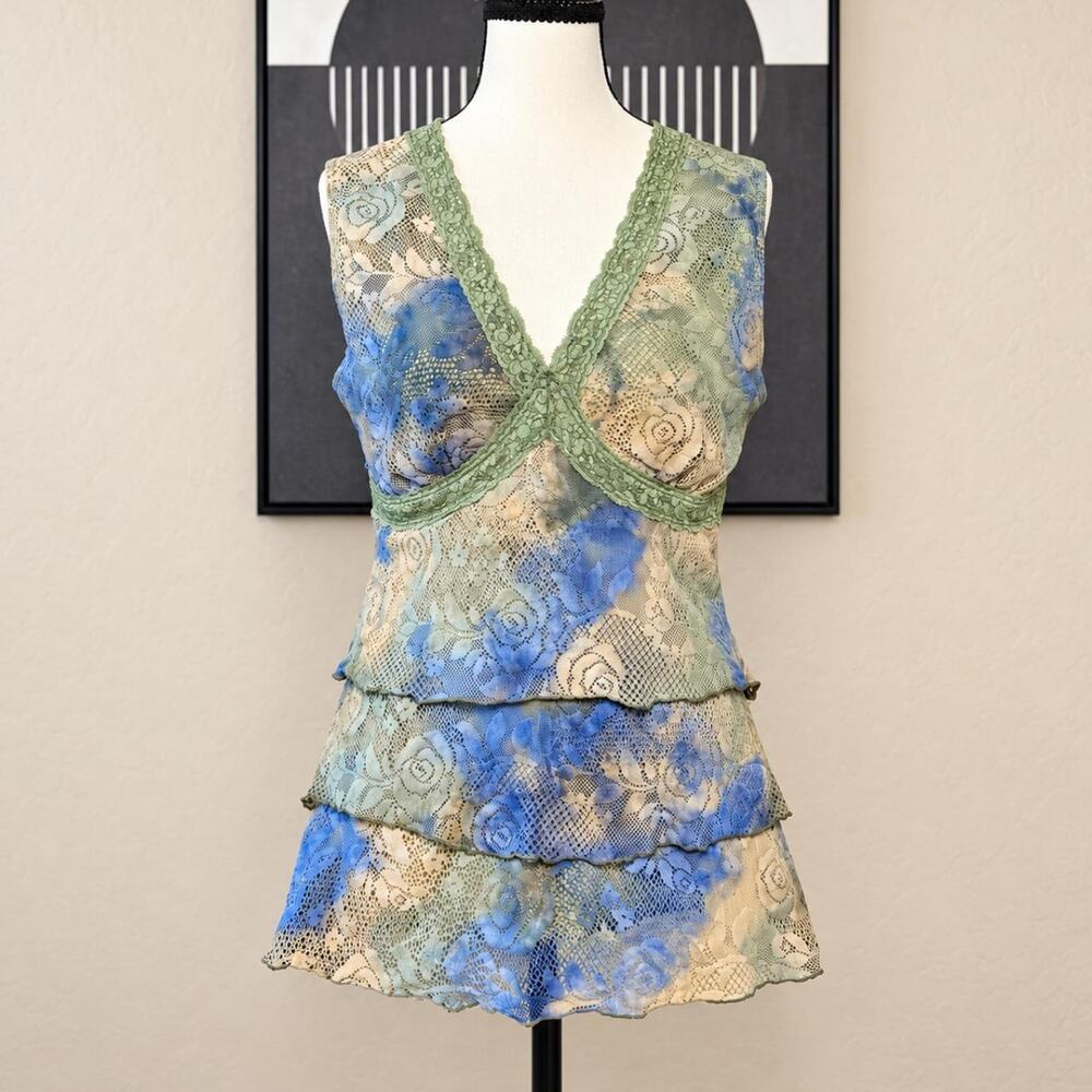 Y2K Fairycore Floral Lace Tiered Tank Top Blue Green Whimsigoth
